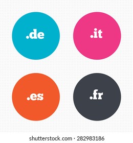 Circle buttons. Top-level internet domain icons. De, It, Es and Fr symbols. Unique national DNS names. Seamless squares texture. Vector