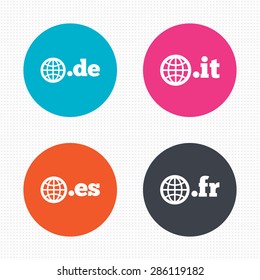 Circle buttons. Top-level internet domain icons. De, It, Es and Fr symbols with globe. Unique national DNS names. Seamless squares texture. Vector
