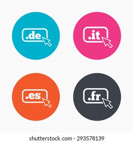 Circle buttons. Top-level internet domain icons. De, It, Es and Fr symbols with cursor pointer. Unique national DNS names. Seamless squares texture. Vector