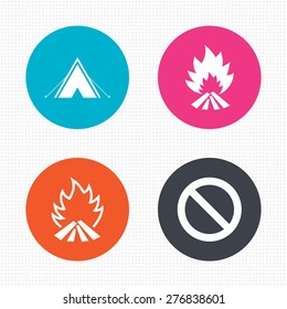 Circle buttons. Tourist camping tent icon. Fire flame and stop prohibition sign symbols. Seamless squares texture. Vector