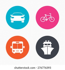 Circle buttons. Transport icons. Car, Bicycle, Public bus and Ship signs. Shipping delivery symbol. Family vehicle sign. Seamless squares texture. Vector