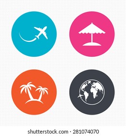 Circle buttons. Travel trip icon. Airplane, world globe symbols. Palm tree and Beach umbrella signs. Seamless squares texture. Vector