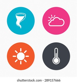 Circle buttons. Weather icons. Cloud and sun signs. Storm symbol. Thermometer temperature sign. Seamless squares texture. Vector