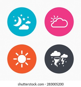 Circle buttons. Weather icons. Moon and stars night. Cloud and sun signs. Storm or thunderstorm with lightning symbol. Seamless squares texture. Vector