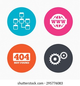 Circle buttons. Website database icon. Internet globe and gear signs. 404 page not found symbol. Under construction. Seamless squares texture. Vector