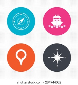 Circle buttons. Windrose navigation compass icons. Shipping delivery sign. Location map pointer symbol. Seamless squares texture. Vector