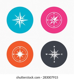 Circle buttons. Windrose navigation icons. Compass symbols. Coordinate system sign. Seamless squares texture. Vector