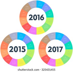 Circle calendar for 2015 2016 2017 years. Colorful vector 