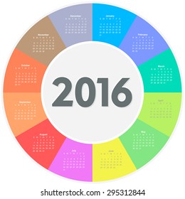 Circle calendar for 2016 year. Colorful vector 