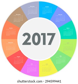 Circle calendar for 2017 year. Colorful vector 