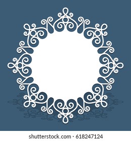 Circle card with lace border pattern, cutout paper ornament, swirly round decoration, may be used for laser cutting or wood manufacturing, vector illustration