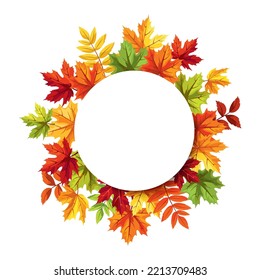 Circle card with red, orange, yellow, and green autumn leaves. Greeting or invitation card design. Vector illustration