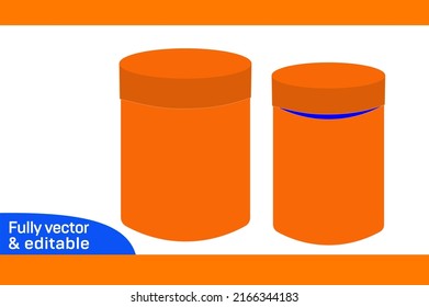 Circle cardboard box with lid dieline template and 3D box design