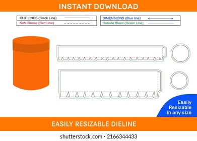 Circle cardboard box with lid dieline template and 3D box design