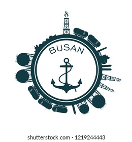 Circle with cargo theme relative silhouettes. Design set of natural gas logistic. Objects located around circle with anchor in the center of them. Busan port name