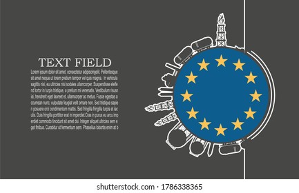 Circle with cargo theme relative silhouettes. Design set of natural gas logistic. Objects located around circle. Industry theme leaflet or brochure template with space for text. Flag of European Union