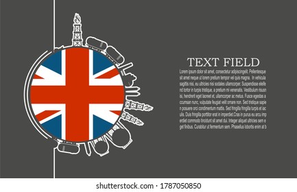 Circle with cargo theme relative silhouettes. Design set of natural gas logistic. Objects located around circle. Industry theme leaflet or brochure template with space for text. Flag of United Kingdom