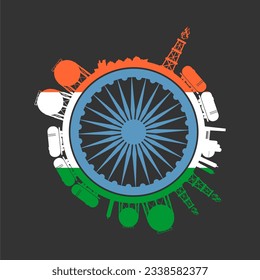 Circle with cargo theme relative silhouettes. Design set of natural gas logistic. Objects located around circle. Industry theme leaflet or brochure element. Flag of India