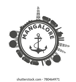Circle with cargo theme relative silhouettes. Design set of natural gas logistic. Objects located around circle with anchor in the center of them. Mangalore port name