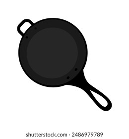 Circle cast iron fry pan with handle in cartoon style. Top view. Isolated Promo design element idea