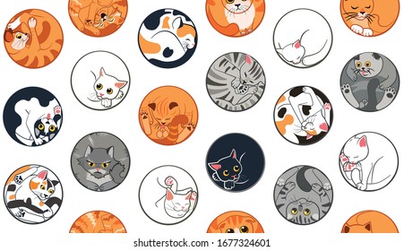 Circle cats. Seamless pattern for cat lovers. Polka dot and cute cats in one picture. 