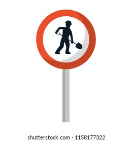 circle caution emblem and laborer with shovel