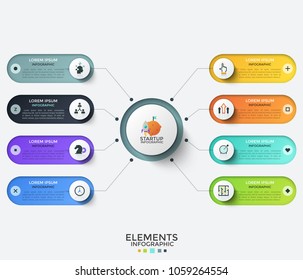 Circle in center surrounded by 8 rounded elements with thin line icons and place for text inside. Concept of 8 options of startup company launch. Infographic design template. Vector illustration.