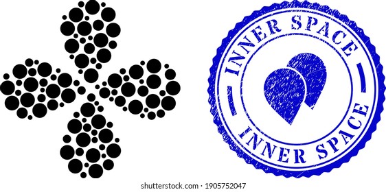 Circle centrifugal flower with four petals, and blue round INNER SPACE textured badge with icon inside. Object whirlpool organized from oriented circle items. Vector flower collage in flat style.