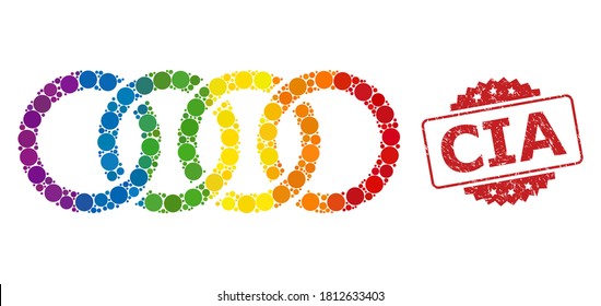 Circle chain mosaic icon of filled circle items in variable sizes and LGBT color hues, and CIA unclean rosette seal print. A dotted LGBT-colored Circle chain for lesbians, gays, transgenders,