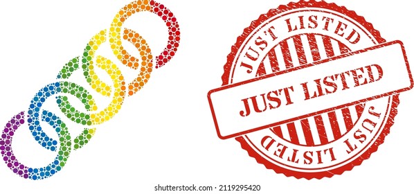 Circle chain mosaic icon of round dots in different sizes and rainbow colored color tinges. Red round textured seal imprint with Just Listed message. A dotted LGBT- colored circle chain for lesbians,