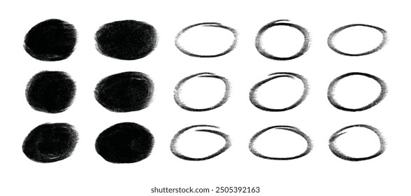 Circle charcoal scribble hand drawn vector design elements set. Oval charcoal scratch highlight vector isolated