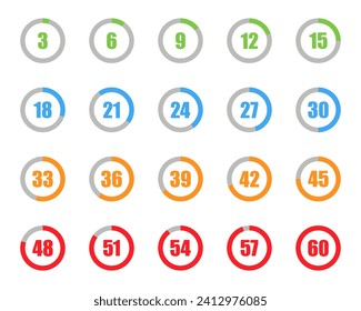 Circle chart diagram icons with different numbers. Pie charts diagrams. Set of different color circles isolated. Circle loading and circle progress collection