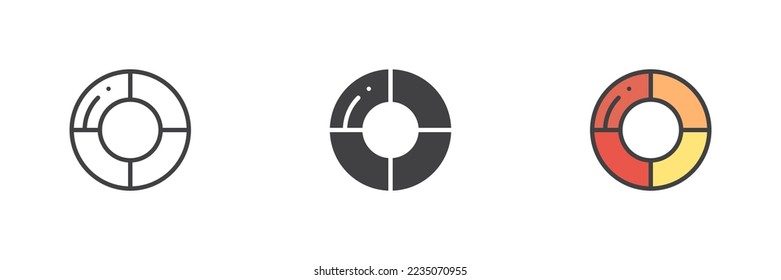 Circle chart different style icon set. Line, glyph and filled outline colorful version, pie chart diagram outline and filled vector sign. Symbol, logo illustration. Vector graphics