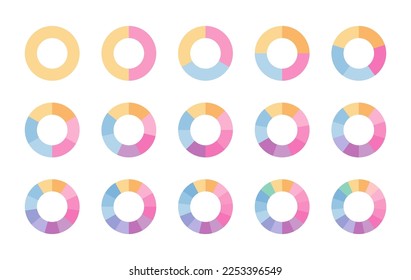 Circle chart divided into pieces. Pie diagram. Circular section graph. Set of segments and slices. Round scheme with sectors. Colorful structure with 3, 6, 9, 12 elements. Vector illustration