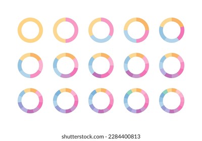 Circle chart divided into pieces. Colored pie diagram graph. Colorful circular section structure with 3, 6, 9, 12 elements. Set of segments and slices. Round scheme with sectors. Vector illustration