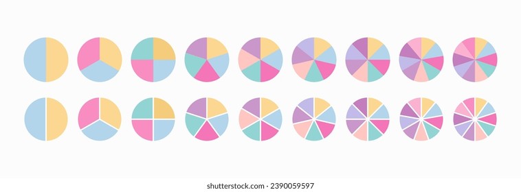 Circle chart divided into slices. Set of segments and pieces. Pie diagram. Round scheme with sectors. Circular section graph. Colorful structure with 3, 4, 6, 9 elements. Vector illustration