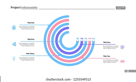 Circle chart with five elements. Process chart, option graph, diagram. Creative concept for infographics, presentation, project, report. Can be used for topics like management, workflow, marketing.