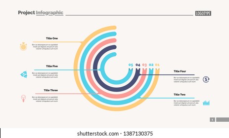 Circle chart with five elements. Process chart, option graph, diagram. Creative concept for infographics, presentation, project, report. Can be used for topics like management, workflow, marketing.