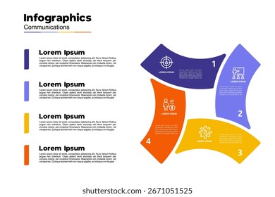 Infografía de gráfico circular Plantilla de comunicaciones con 4 opciones para presentaciones. Ilustración vectorial Eps	