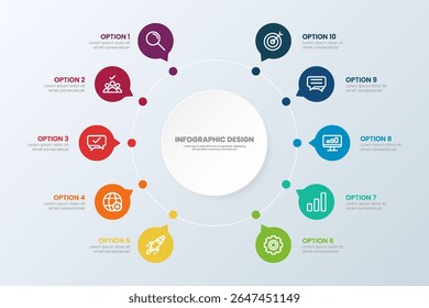 Circle chart infographic template with 10 options for presentations