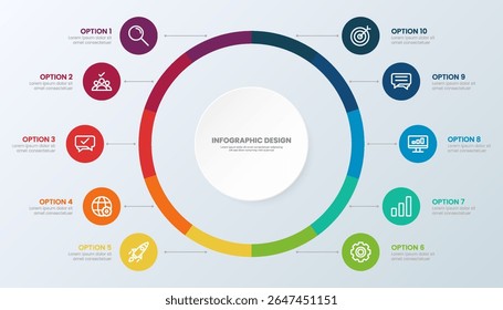 Circle chart infographic template with 10 options for presentations