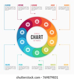 Circle chart infographic template with 10 parts, processes, steps for presentations, advertising, layouts, annual reports. Vector illustration.