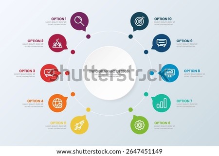 Circle chart infographic template with 10 options for presentations