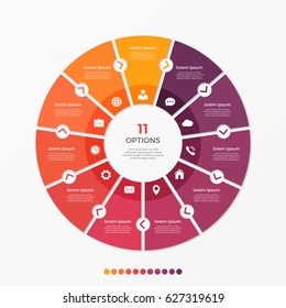 Circle chart infographic template with 11 options for presentations, advertising, layouts, annual reports. Vector illustration.