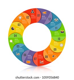 Circle chart infographic template with 12 options for presentations, advertising, layouts, annual reports.
