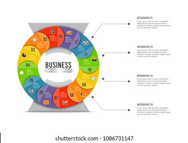 Circle chart infographic template with 12 options for presentations, advertising, layouts, annual reports.