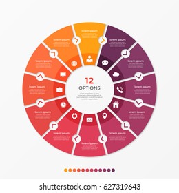 Circle chart infographic template with 12 options for presentations, advertising, layouts, annual reports. Vector illustration.