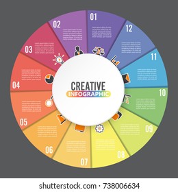 Circle chart infographic template with 12 options for presentations, advertising, layouts, annual reports.   