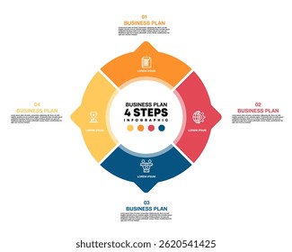 Circle chart infographic template with 4 options for business plan presentations. Vector illustration Eps	