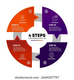 Circle chart infographic template with 4 options for strategy presentations. editable vector	